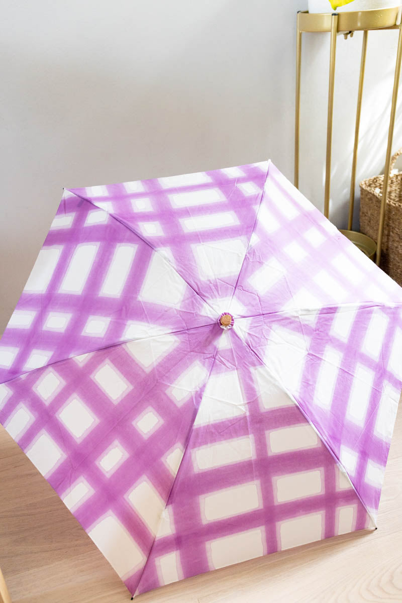 Breezy Blue にじみ手捺染パラソル check mauve 折り畳み